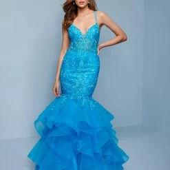 Splash Prom K551 V Neckline Lace Ruffle Tulle Mermaid Prom Dress Pageant Gown