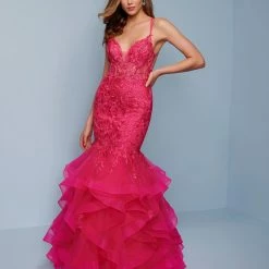 Splash Prom K551 V Neckline Lace Ruffle Tulle Mermaid Prom Dress Pageant Gown