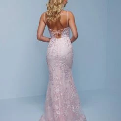 Splash Prom K561 V Neckline Lace Column Prom Dress Lace Up Tie Back Sheer Corset