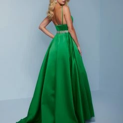 Splash Prom K562 Long Satin A Line Prom Dress Embellished Belt Evening Pageant Gown Long Prom Dresses
