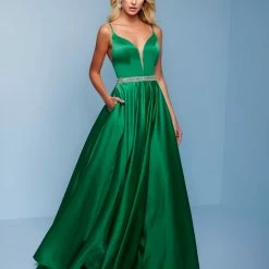 Splash Prom K562 Long Satin A Line Prom Dress Embellished Belt Evening Pageant Gown Long Prom Dresses