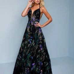 Splash Prom K565 Plunging Neckline A Line Sequin Prom Dress Evening Gown Backless Backless Dresses