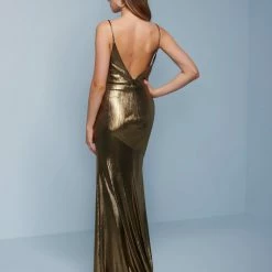 Metallic Dresses Splash Prom K568 Gold Lame Long Prom Dress Metallic Shimmer Fitted Ruched Slit