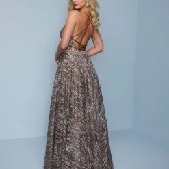 Splash Prom K569 Long A Line Print Sequins Prom Dress Evening Gown Straight Neckline Tie Back Sequin Dresses