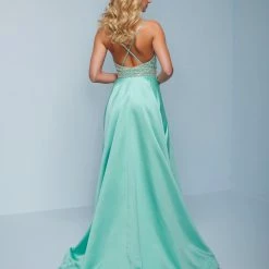 Splash Prom K575 Embellished Top Satin A Line Prom Dress Pageant Gown Train V Neckline
