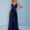 Splash Prom K576 Navy Crepe A Line Prom Dress With Embellished Lace V Neckline Bodice Long Prom Dresses