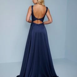 Splash Prom K576 Navy Crepe A Line Prom Dress With Embellished Lace V Neckline Bodice Long Prom Dresses