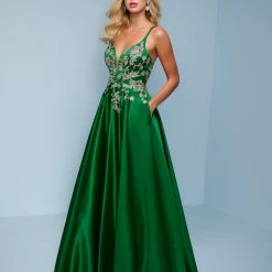 Splash Prom K578 V Neckline Satin A Line Prom Dress Embellished Bodice Pockets Long Prom Dresses