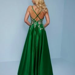 Splash Prom K578 V Neckline Satin A Line Prom Dress Embellished Bodice Pockets Long Prom Dresses