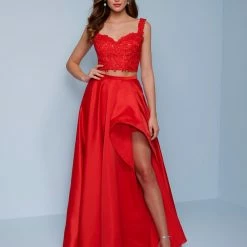 Splash Prom K580 Two Piece Lace Top A Line Prom Dress With High Low Side Slit Corset Corset Dresses