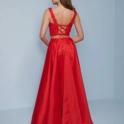 Splash Prom K580 Two Piece Lace Top A Line Prom Dress With High Low Side Slit Corset Corset Dresses