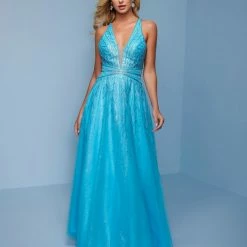 Long Prom Dresses Splash Prom K581 Plunging Neckline Embellished A Line Prom Dress Strappy Back