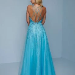 Long Prom Dresses Splash Prom K581 Plunging Neckline Embellished A Line Prom Dress Strappy Back