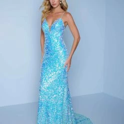 Splash Prom K639 Long Fitted Sequin Backless Corset Prom Dress V Neck Formal Gown