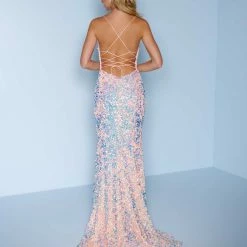 In Stock Backless Dresses Splash Prom K639 Size 12 Long Fitted Sequin Backless Corset Prom Dress V Neck Formal Gown