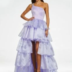 Ashleylauren Ashley Lauren 11159 One Shoulder High Low Prom Dress With Crystal Straps And Ruffles Ballgown Dresses