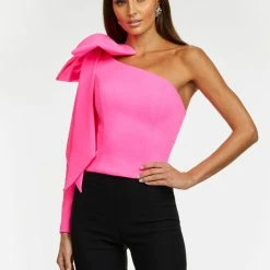 Ashleylauren Ashley Lauren 9004 One Shoulder Scuba Top With Bow Detail 11 Ashleylauren Ashley Lauren 9004 One Shoulder Scuba Top With Bow Detail