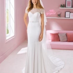 White One Bridal KERI Pronovias Wedding Dress Crepe Sheer Off The Shoulder Neckline