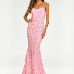 Ashleylauren Ashley Lauren 11114 Spaghetti Strap Stretch Sequin Gown With Lace Up Back Mermaid Dresses