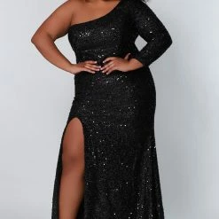 In Stock Sydney's Closet SC7319 Size 28 One Long Sleeve Prom Dress Fitted Plus Sized With Slit SC 7319 Long Sleeve Dresses