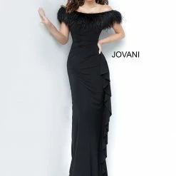 Mermaid Dresses Jovani 1147 Off The Shoulder Feather Trim Fitted Evening Gown