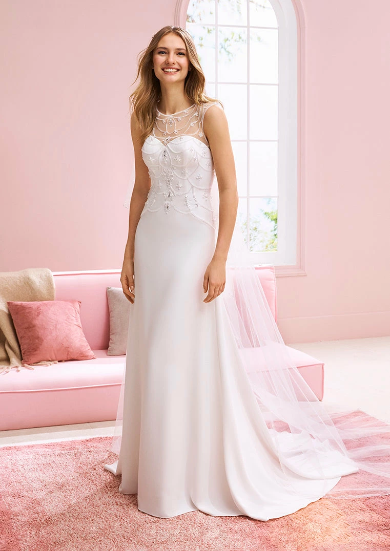 White One Bridal KODIE Pronovias Wedding Dress A Line Crepe Sheer Embellished Top 3 White One Bridal KODIE Pronovias Wedding Dress A Line Crepe Sheer Embellished Top