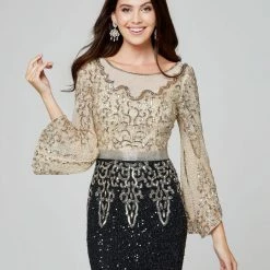 Sequin Dresses Primavera Couture 3378 Scoop Sheer Neckline Beaded Long Evening Gown