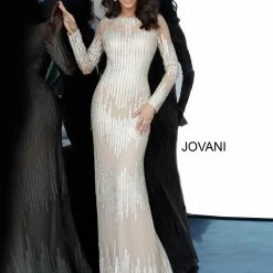 Discontinued Jovani 3601 Boat Neckline Nude Long Sleeve Fitted Evening Gown Long Sleeve Dresses