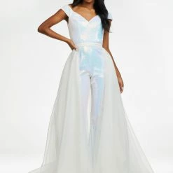 In Stock Ashley Lauren 1739 Size 12 White Long Organza Overskirt Wire Hem Pageant Prom Layer