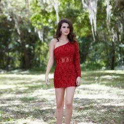 Discontinued Long Sleeve Dresses Primavera Couture 3350 One Long Sleeve Short Homecoming Dress