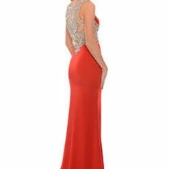 In Stock Precious Formals Lux Gal Style L61016 Red Size 8 Stretch Satin Gown With Intricately Detailed Beading