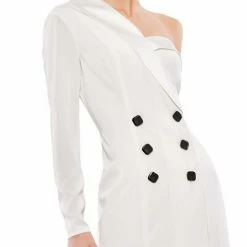 Mac Duggal Ieena 12262 Black Cocktail Dress One Long Sleeve Short Fitted Front Buttons Long Sleeve Dresses