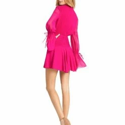Mac Duggal 26411 Hot Pink Cocktail Dress Ieena Long Sheer Bell Sleeves V Neckline Wide Waistband