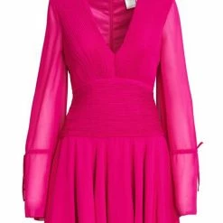 Mac Duggal 26411 Hot Pink Cocktail Dress Ieena Long Sheer Bell Sleeves V Neckline Wide Waistband