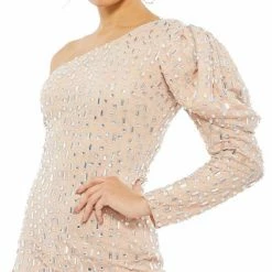 Ieena For Mac Duggal 10738 Nude Cocktail Dress One Shoulder Long Puff Sleeve Sequin Dresses