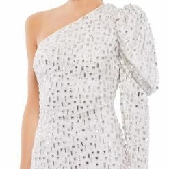Ieena For Mac Duggal 10738 Nude Cocktail Dress One Shoulder Long Puff Sleeve Sequin Dresses