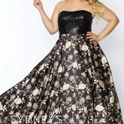 Discontinued Sydneys Closet SC 7300 Black Gold Strapless Print A Line Prom Dress Sequins Formal Dress Ballgown Dresses