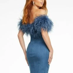 Ashleylauren Ashley Lauren 4481 Blue Feather Cocktail Dress Stretch Denim Off The Shoulder Short Dress