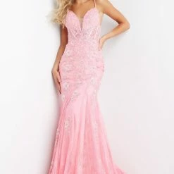 In Stock Mermaid Dresses Jovani JVN06475 Size 6, 12 Long Fitted Lace Mermaid Prom Dress Sheer Corset Backless Gown