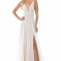 Nina Canacci 6553 Boho Lace A Line Prom Dress With Slit Evening Gown V Neckline