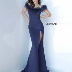 Jovani 2944 Feather Neckline Off The Shoulder Mermaid Evening Gown Mermaid Dresses