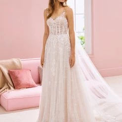 Corset Dresses White One Bridal MAHALIA Pronovias Wedding Dress Lace Sheer Corset Bodice Open V Back