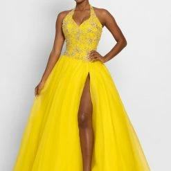Discontinued Johnathan Kayne 2227 Embellished Halter Prom Dress Ball Gown With High Slit Ballgown Dresses