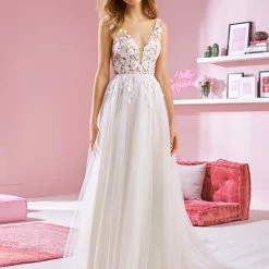 White One Bridal MILEY Pronovias Wedding Dress Lace Sheer Bodice Evase Silhouette