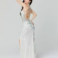 Discontinued Primavera Couture 3420 High Neckline Beaded Sequins Design Prom Dress With Slit