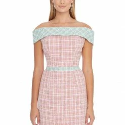 Ashleylauren Ashley Lauren 4329 Off The Shoulder Two Tone Pink Tweed Cocktail Dress Interview Dress