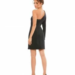 Mac Duggal Ieena 12262 Black Cocktail Dress One Long Sleeve Short Fitted Front Buttons Long Sleeve Dresses