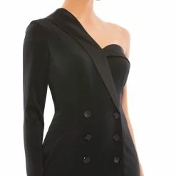 Mac Duggal Ieena 12262 Black Cocktail Dress One Long Sleeve Short Fitted Front Buttons Long Sleeve Dresses