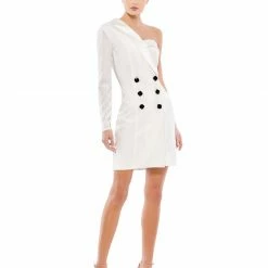 Mac Duggal Ieena 12262 Black Cocktail Dress One Long Sleeve Short Fitted Front Buttons Long Sleeve Dresses