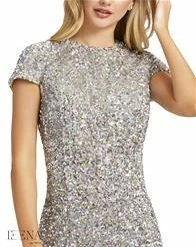 Mac Duggal 26300 Silver Cocktail Dress Ieena Sequins Short Sleeves Crew Neckline